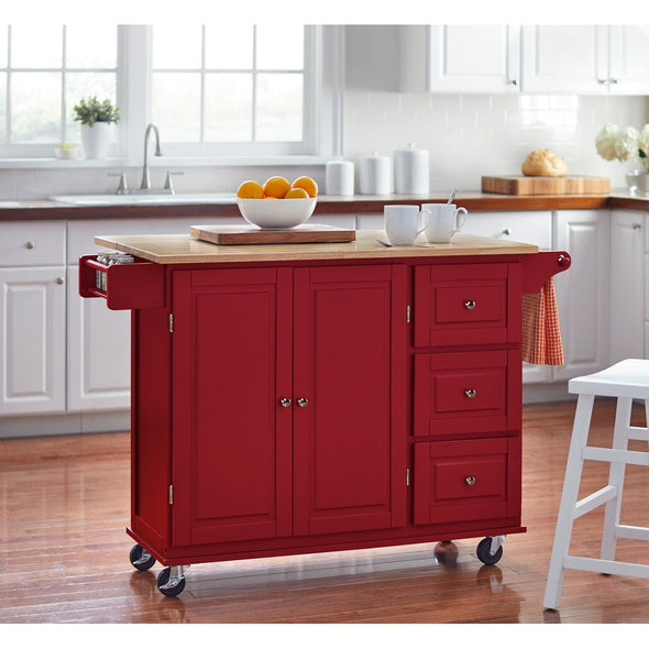 3-drawer Drop Leaf Kitchen Cart Red Expand your Kitchen Storage with this Three Drawers A Two-Door Cabinet and A Spice Rack