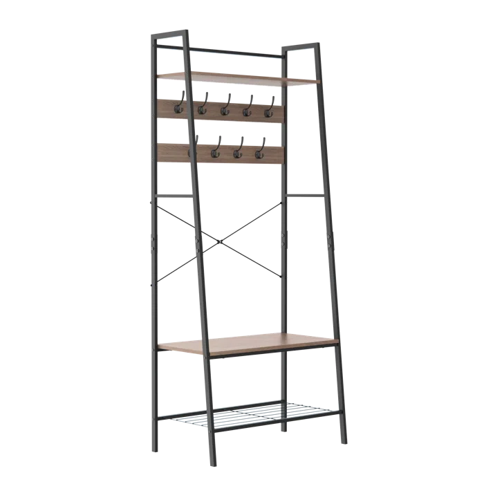 30.3'' Wide Steel Hall Tree with Bench and Shoe Storage 9 Double-Pronged Hooks