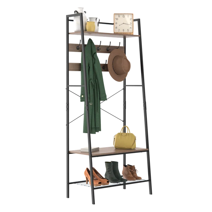 30.3'' Wide Steel Hall Tree with Bench and Shoe Storage 9 Double-Pronged Hooks