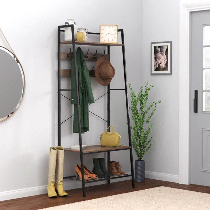 30.3'' Wide Steel Hall Tree with Bench and Shoe Storage 9 Double-Pronged Hooks