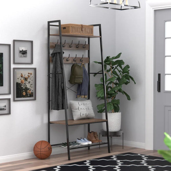 30.3'' Wide Steel Hall Tree with Bench and Shoe Storage 9 Double-Pronged Hooks