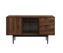 52-inch Modern Sideboard - Dark Walnut Open, Adjustable Tempered Glass Shelving, One Cabinet Door, Two Drawers