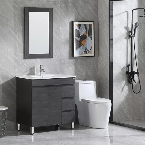 32" White Bathroom Vanity Cabinet Undermount Single Ceramic Sink & Drain Faucet Combo