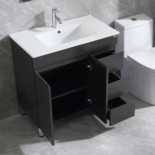 32" White Bathroom Vanity Cabinet Undermount Single Ceramic Sink & Drain Faucet Combo