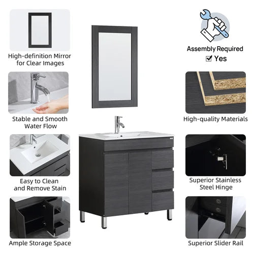 32" White Bathroom Vanity Cabinet Undermount Single Ceramic Sink & Drain Faucet Combo