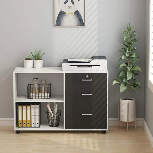 White 35.43'' Wide 3 -Drawer Mobile Lateral Filing Cabinet 360° Rotating Casters