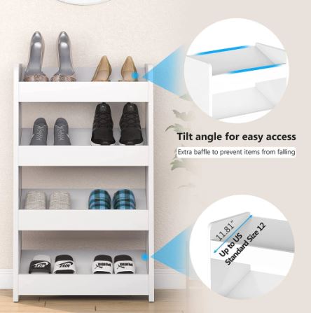 Wood Shoe Rack, 4-Tier Shoe Storage Organizer, White Open Shoe Storage Affect the Decoration Style