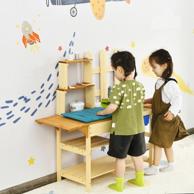 Kid's Outdoor Wooden Pretend Cook Kitchen Playset Toy Open Shelves for Storing Toy Kitchen Utensils