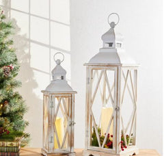 Farmhouse Wooden Metal Lanterns Set of Two - White Decorative Candle Lantern