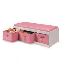 Kid's Storage Bench with Cushion and Three Bins - Pink/White Organization Stow Away Toys