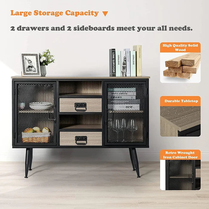 Rustic Gray/Black 45.66'' Wide 2 Drawer Sideboard Large Storage Space