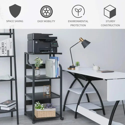 Black 4 Tier Mobile Printer Stand with Capacious Storage Indoor Design