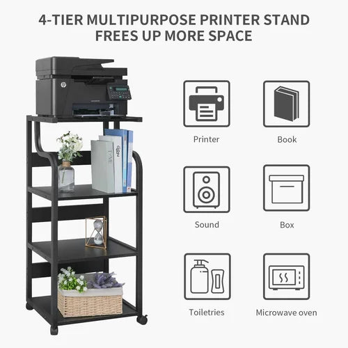 Black 4 Tier Mobile Printer Stand with Capacious Storage Indoor Design