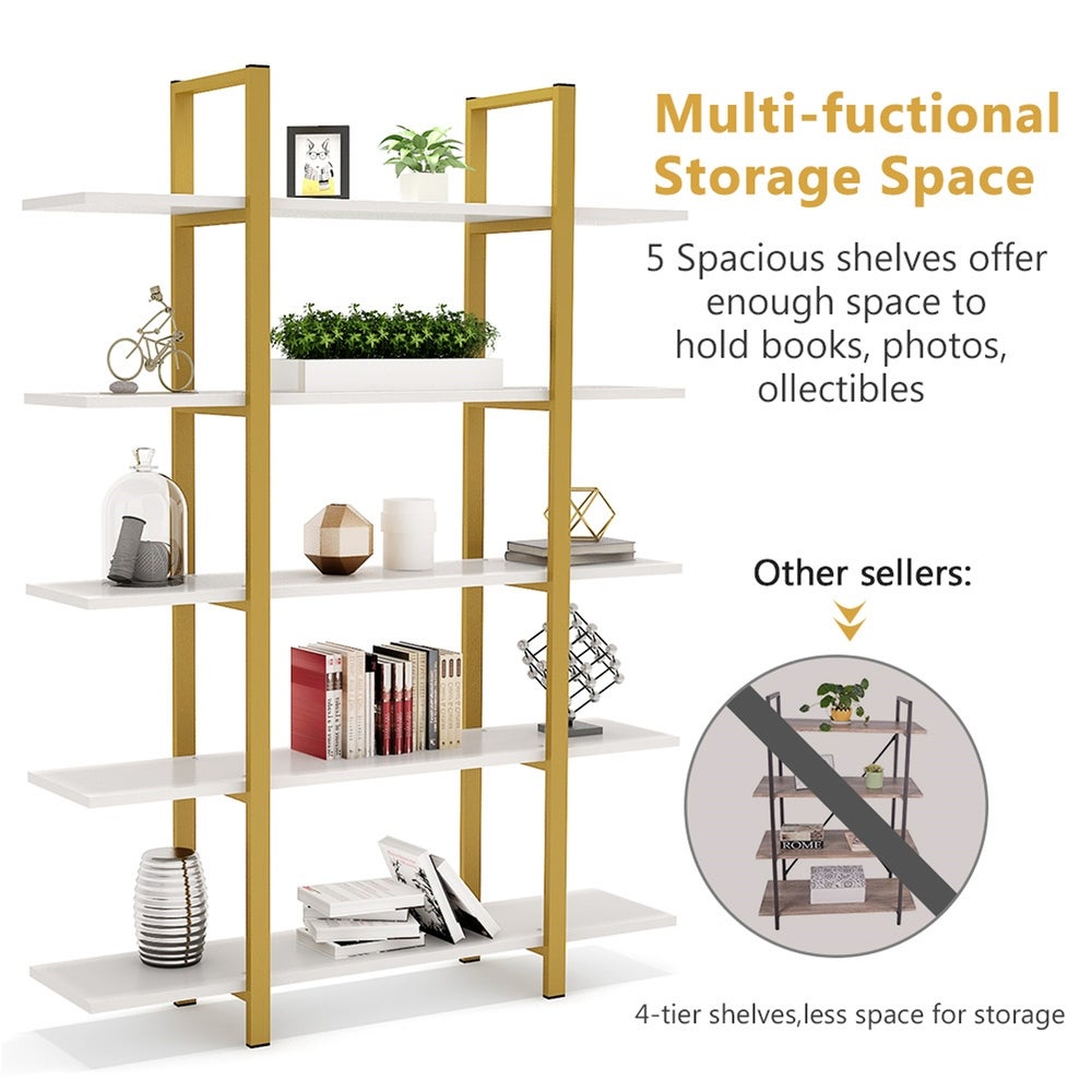 5-Tier Display Bookshelf, Vintage Industrial Bookcase - Gold&White Addition To Any Room