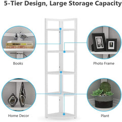 5 Tier Corner Shelves Storage Rack Bookshelf - White Five Shelves are Perfect for Displaying Plants, Photographs, and More