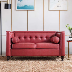 Wine Red Faux Leather 53'' Faux Leather Tuxedo Arm Loveseat Stain Resistant Removable Seat Cushions