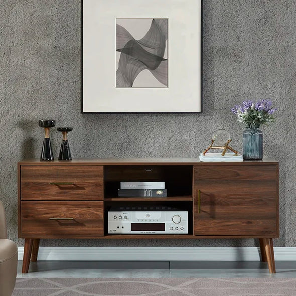 Solid Wood 55" Walnut Mid Century TV Stand Modern Style Provide Storage Space