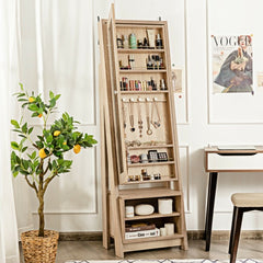 2-in-1 Wooden Cosmetics Storage Cabinet with Full-Length
