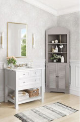 Corner Etagere Taupe Three Shelves Display your Mementos Lower Cabinet Provides Concealed Storage