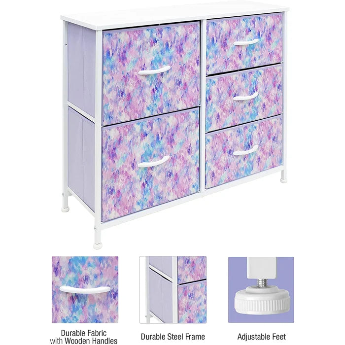 Tie Dye Blue Pink Pur 5 Drawer 33.5'' W Chest Stylish Design with Easy Assembly