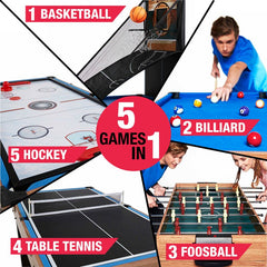 5 Game 48.5" Multi Game Table Five-in-One Combo Game Table Includes Billiards, Slide Hockey, Soccer, Table Tennis