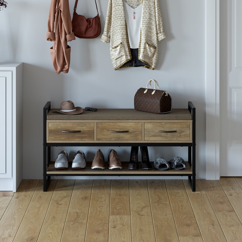 Rustic Brown 5 Pair Shoe Storage Bench Pull Out Drawers Organizer