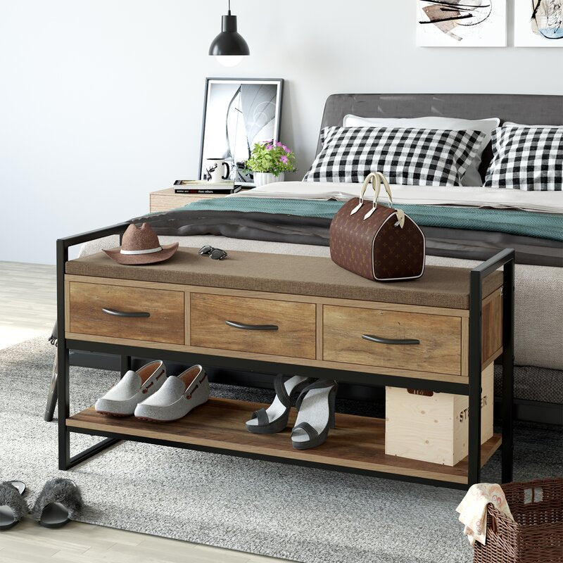 Rustic Brown 5 Pair Shoe Storage Bench Pull Out Drawers Organizer