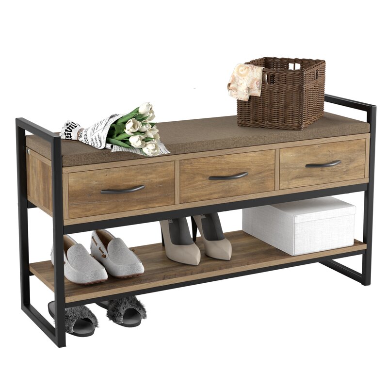 Rustic Brown 5 Pair Shoe Storage Bench Pull Out Drawers Organizer