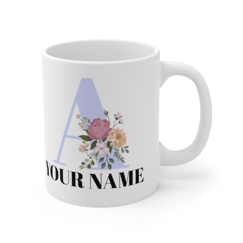 Personalized Mug | Personalized Name  | Initial Mug | Floral Gold Color Letter with Name Mug | Gift for Friend | Birthday Gift Mug 11oz