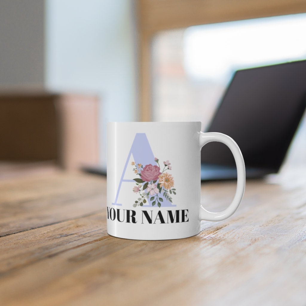 Personalized Mug | Personalized Name  | Initial Mug | Floral Gold Color Letter with Name Mug | Gift for Friend | Birthday Gift Mug 11oz