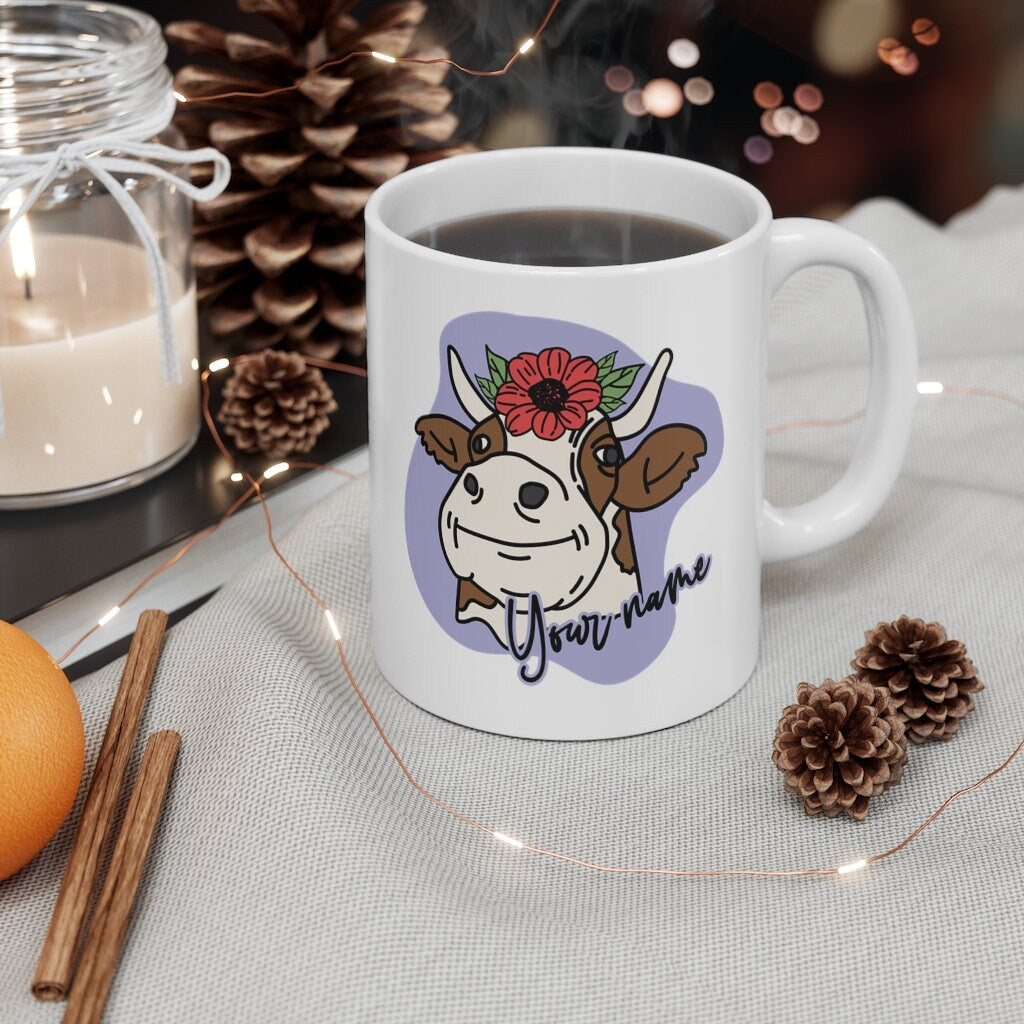 Personalized Cow Mug for Women - Peeking Cow Coffee Mug - Cute Gift for Cow Lovers - Design Printed on Both Sides Mug 11oz