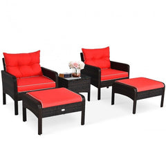 5 Pieces Patio Rattan Sofa Ottoman Furniture Set with Cushions
