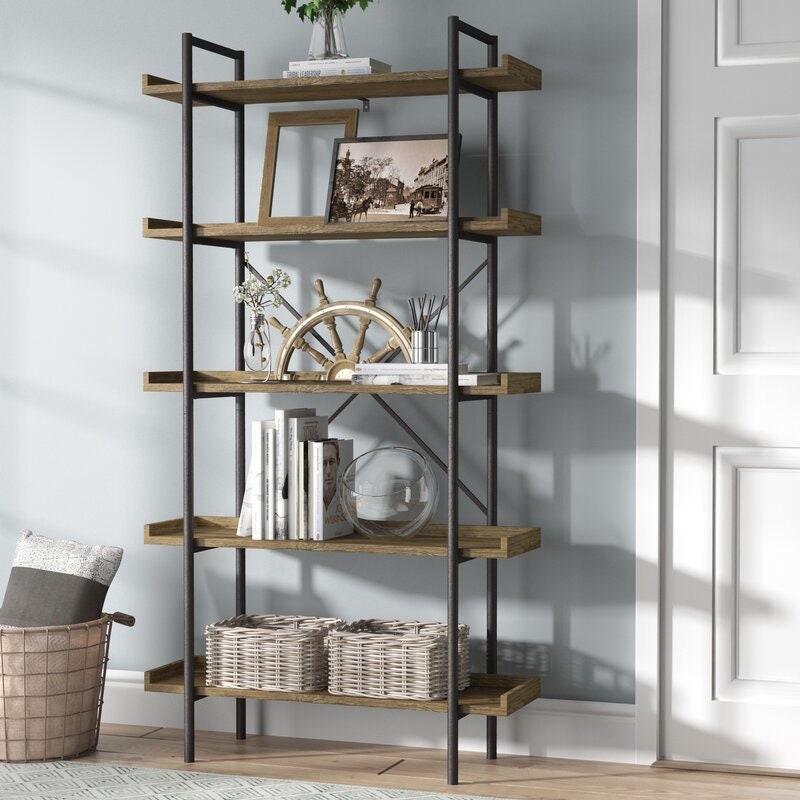 Barnwood Iron Etagere Bookcase  5-Shelf Urban Pipe Bookcase is Perfect for any Home Office, Hallway, Living Room, or Bedroom