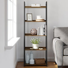 Black and Brown Ladder Bookcase Five-Tier Ladder Bookcase Maximizes Space for all your Storage Needs and Great for Plants, Trophies, Photos