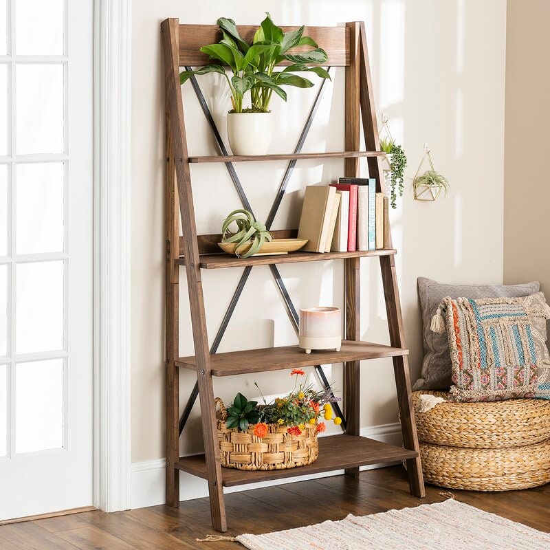 Brown Ladder Bookcase Potted Plants to Laundry Baskets, to Books, There are so Many Ways to Use This Rustic Ladder Bookcase