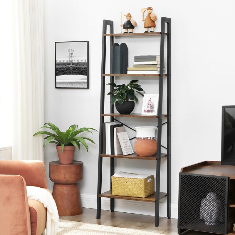 Brown Steel Ladder Bookcase Ladder Shelf is Suitable for any Room Perfect Match and Keep your Home Organized