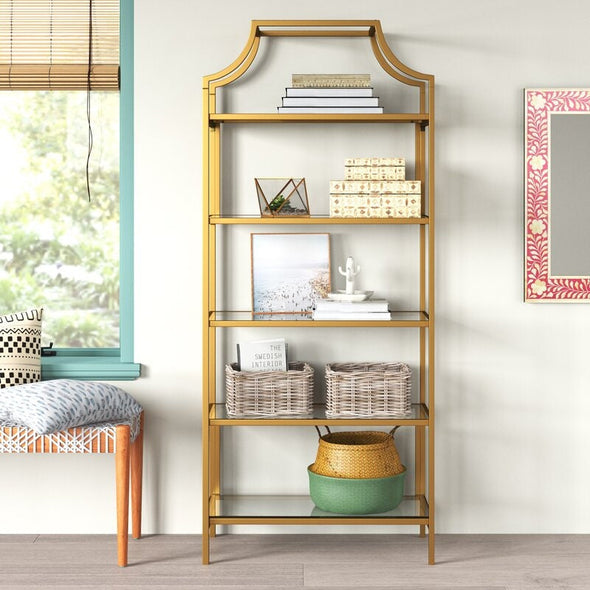 Satin Gold, Clear Glass Etagere Bookcase Five Open Shelves for Storage and Display. Each Shelf Features Safety-Tempered Glass