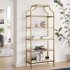 Satin Gold, Clear Glass Etagere Bookcase Five Open Shelves for Storage and Display. Each Shelf Features Safety-Tempered Glass