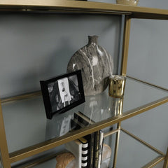 Satin Gold, Clear Glass Etagere Bookcase Five Open Shelves for Storage and Display. Each Shelf Features Safety-Tempered Glass