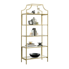 Satin Gold, Clear Glass Etagere Bookcase Five Open Shelves for Storage and Display. Each Shelf Features Safety-Tempered Glass