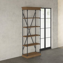 Natural Brown Etagere Bookcase Five Tiers Display Space Crossed Back Support and the Tubular Metal Frame