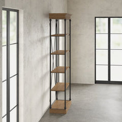 Natural Brown Etagere Bookcase Five Tiers Display Space Crossed Back Support and the Tubular Metal Frame