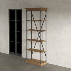 Natural Brown Etagere Bookcase Five Tiers Display Space Crossed Back Support and the Tubular Metal Frame