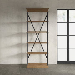Natural Brown Etagere Bookcase Five Tiers Display Space Crossed Back Support and the Tubular Metal Frame