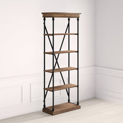 Natural Brown Etagere Bookcase Five Tiers Display Space Crossed Back Support and the Tubular Metal Frame