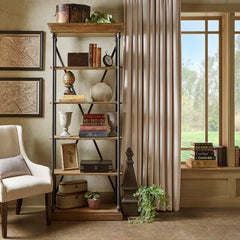 Natural Brown Etagere Bookcase Five Tiers Display Space Crossed Back Support and the Tubular Metal Frame