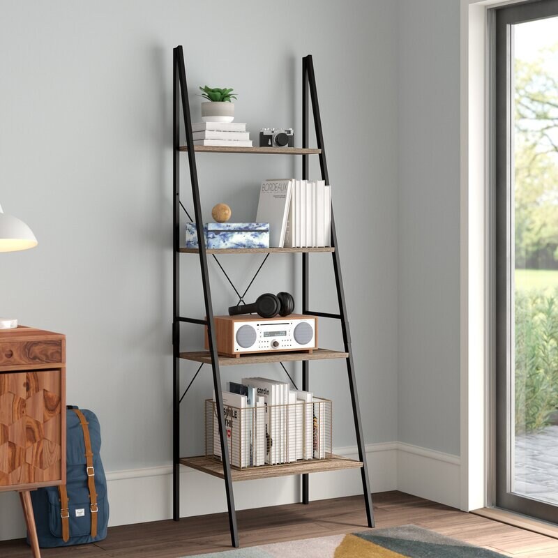 Weathered Gray Steel Ladder Bookcase Open Silhouette Decor Objects and Knickknacks Wood Shelves