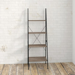 Weathered Gray Steel Ladder Bookcase Open Silhouette Decor Objects and Knickknacks Wood Shelves