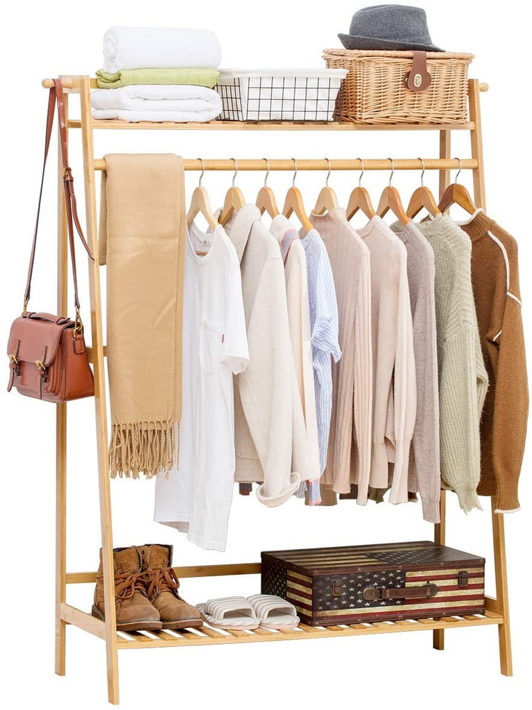 COOGOU Bamboo Wood Clothing Garment Rack with Shelves Clothes