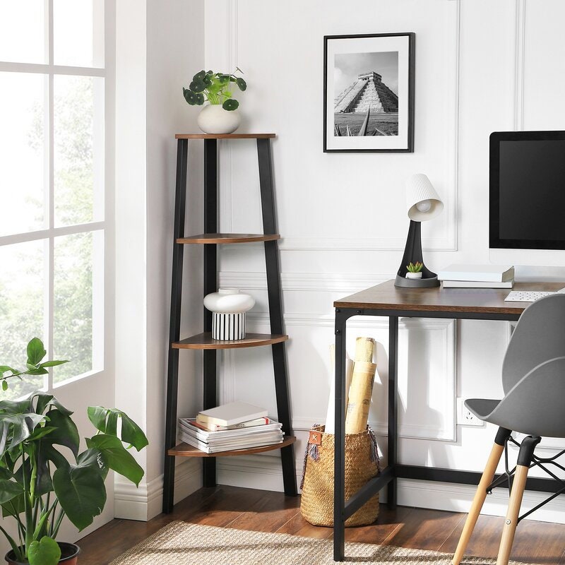 Rustic Brown Steel Corner Bookcase More Storage Space and Make Full use of the Corner Space in your Home